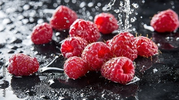 Fototapeta Fresh raspberries with splashes of water lie on a black table