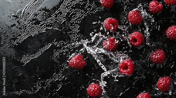 Fototapeta Fresh raspberries with water droplets on a black background. Perfect for advertising banners, food packaging, and culinary design. High-quality macro photography with copy space for text