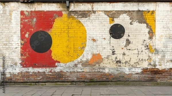 Fototapeta A vibrant, weathered mural featuring bold circles in red, yellow, and black on a peeling white brick wall.