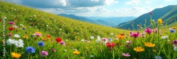 Fototapeta A delicate patchwork of wildflowers carpets the hillside, colorful, grassy slope