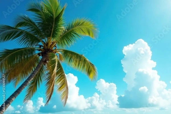 Fototapeta Coconut tree branches sway in the wind as fluffy white clouds drift lazily by, wind, serenity, peaceful ambiance