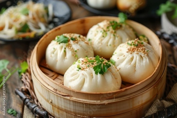 Fototapeta Steamed bao buns topped with sesame seeds and parsley sitting in bamboo steamer basket