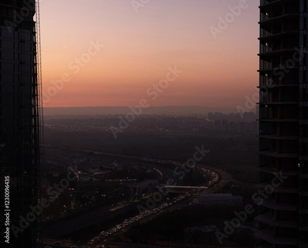 Fototapeta Sunset in the city between two skyscrapers / ANKARA from a hundred meters above / Merkez Ankara Houses