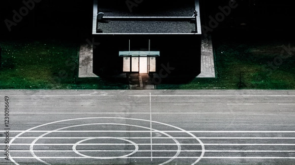 Fototapeta A house with asphalt in front of it is illuminated by street lights at night, while the light coming from the house is seen / Ankara