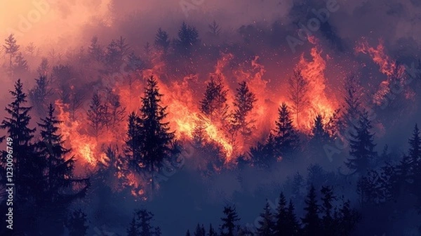 Fototapeta Dramatic Forest Fire At Dusk with Flames and Smoke in Wilderness