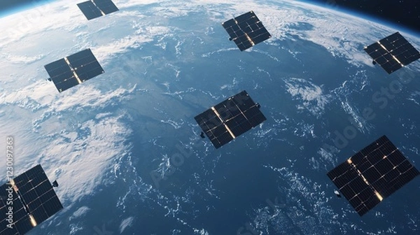 Obraz Satellite network launch over earth technological advancement space digital art aerial view innovation