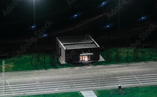 Fototapeta A house with asphalt in front of it is illuminated by street lights at night, while the light coming from the house is seen