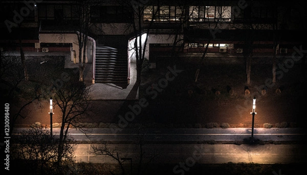 Fototapeta bird's eye view of two street lights and stairs leading to the street at night / Ankara