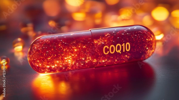 Obraz Bright red-orange CoQ10 softgel capsules, glowing with vibrant beads inside, representing health, energy, and vitality supplements.
