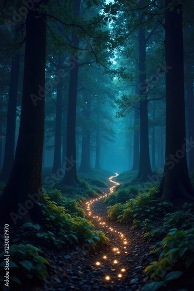 Fototapeta A dark forest with a serpentine trail of twinkling stars beneath the canopy, mysterious, glowing leaves