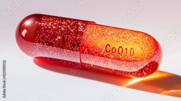 Obraz Bright red-orange CoQ10 softgel capsule with vibrant sparkling beads inside, symbolizing energy, vitality, and health.