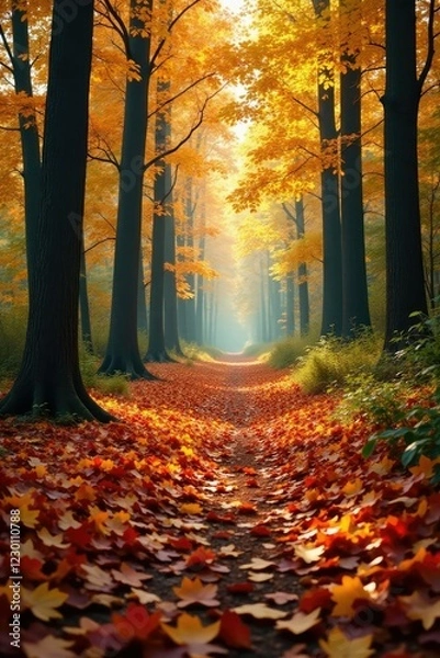 Fototapeta Colorful carpet of fallen leaves in the woods, forest, , rustic