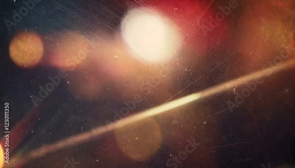 Fototapeta Vintage retro photo overlay with dramatic lens optical flares, glowing glare effects, and subtle grunge textures, realistic scratches and dust particles, film noise and grain, bold red tint, abstract 