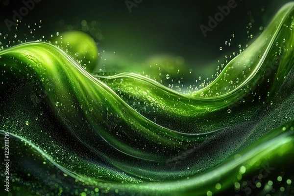 Obraz Flowing green liquid waves with bubbles on a dark background, ideal for abstract projects