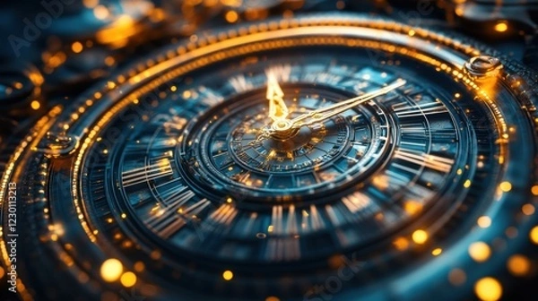 Obraz Futuristic Clock 2025 Time Success Luxury Gold Blue Metal Gears Abstract Background