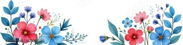 Fototapeta Forget me nots in a loose arrangement on white canvas, floral, loose arrangement, blue