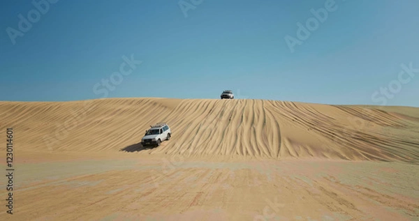 Fototapeta Sahara desert travel destination landscape view of jeeps decend the dunes.