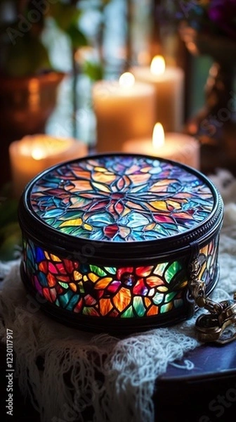 Fototapeta Stained Glass Trinket Box with Candles in the Background