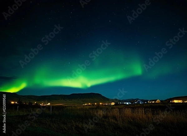 Fototapeta Beautiful northern lights over the fjord A view of the majestic Aurora Borealis dancing above the famous horizontally symmetrical waterfall at FÃ³Ã°urstaÃ°ir, Iceland. 