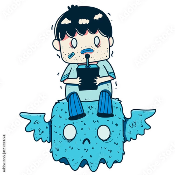 Fototapeta A boy controling a monster using a remote control