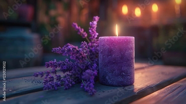 Fototapeta Purple candle surrounded by lavender flowers on a rustic wooden table with soft glowing lights