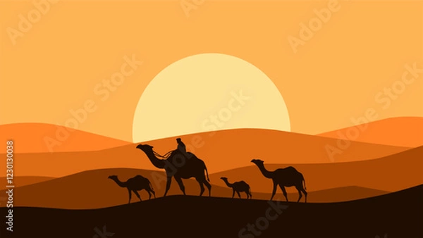 Fototapeta Illustration of camel convoy trekking through a sandy desert. Vector illustration of safari in arabian desert landscape with camels. Silhouette of panorama dune desert with group of camel and a herder