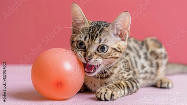 Fototapeta Playful kitten with spotted fur engaging with a pink ball on a soft surface, vibrant background
