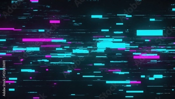 Fototapeta Digital glitch noise texture with  purple color shifts, distorted pixels and neon glow, futuristic cyberpunk aesthetic