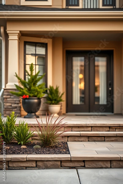 Fototapeta Luxury Home Exterior: Modern Architecture and Landscaping Design.  Stunning front entrance with stone steps and beautiful landscaping.  Perfect for real estate and home design inspiration.
