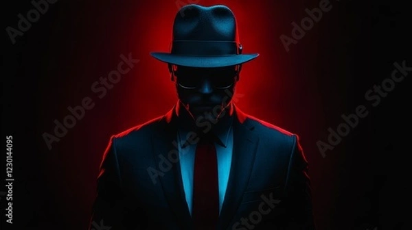 Obraz A man in a suit and hat is standing in front of a red background