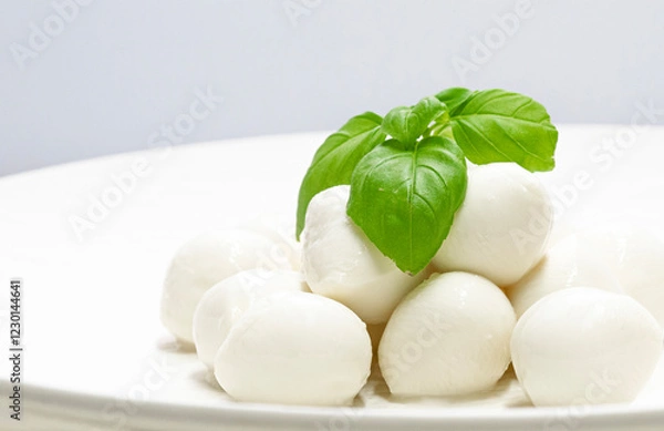 Fototapeta Homemade food, snow-white mozzarella balls, and basil, on parcel plates and an unusual background.