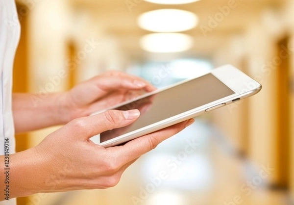 Fototapeta Happy woman doctor using a tablet to manage employees, streamline hospital workflows, and offer solutions for hospital staff through software or an app. Healthcare manager leveraging digital