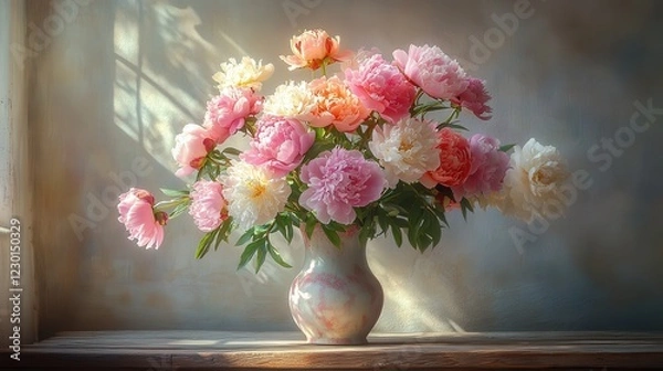 Obraz A low-angle shot of a lush bouquet of peonies in soft pastel tones,