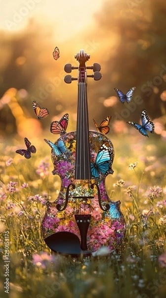 Obraz Floral Violin in a Summer Meadow with Butterflies