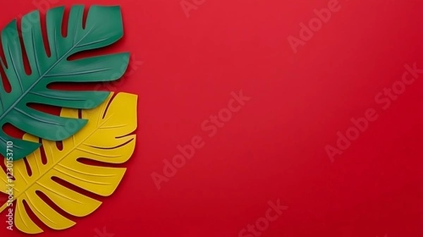 Fototapeta Tropical Leaves on Red: A vibrant and eye-catching composition featuring two large monstera leaves - one green, one yellow - against a bold red background.