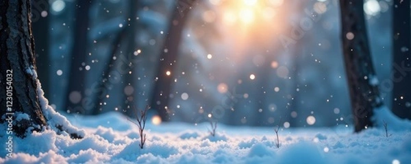 Fototapeta Sparkling silver snowflakes gently fall from the sky onto a forest floor, branches, landscape