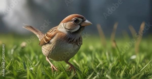 Fototapeta Small sparrow hopping along the grass stem with its beak poking out front, bird on grass, songbird