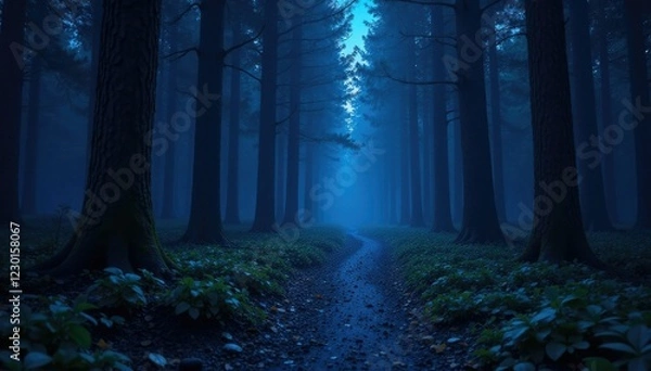 Fototapeta A dark forest with a serpentine path of twinkling blue stars, starlight, nocturnal, mysterious