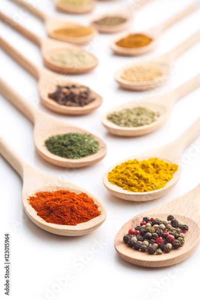 Obraz Various spices in wooden spoons.