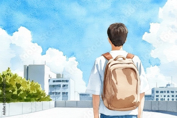 Fototapeta A young person stands with a backpack, gazing at a bright sky filled with clouds, evoking a sense of exploration and freedom.