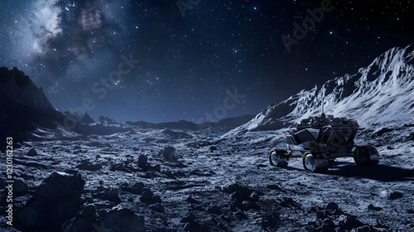 Fototapeta carrying tourists across the rugged terrain of the moon under a starry sky 