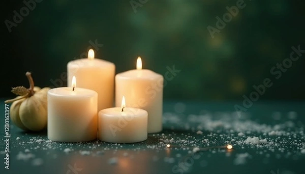 Fototapeta Four white candles sit on a dark moody green brown background with some twinkle lights, frosty, icy, ambiance