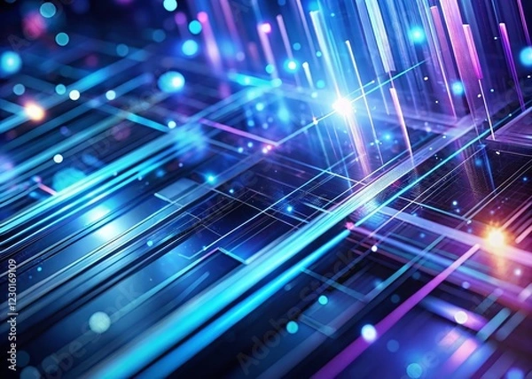 Fototapeta Futuristic Abstract Geometric Background: Blue Purple Lines, Minimalist Trendy Design, Tilt-Shift Effect