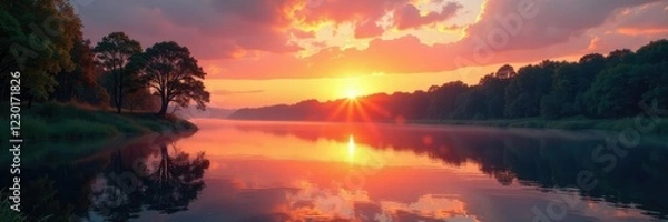 Fototapeta Sunset river landscape with trees reflected on calm water, serene, nature, sky