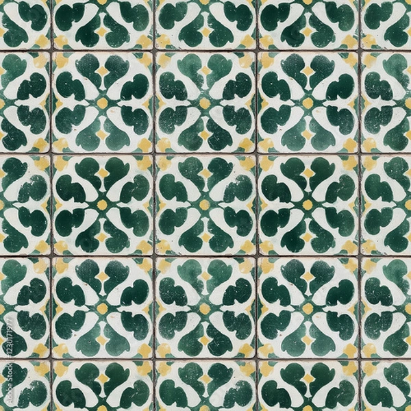 Fototapeta Motif répétitif de carreaux de ciment vintage avec décor floral vert et beige, design symétrique ornemental, texture usée et patinée