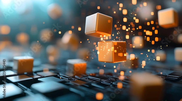 Fototapeta Economic disruption visualized as glowing cascading cubes digital workspace 3d render futuristic environment close-up viewpoint technology concept