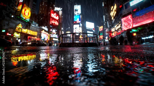 Fototapeta empty outdoor boxing ring sits in city square surrounded tall buildings and puddles reflecting vibrant neon lights during rainy evening creating striking urban atmosphere.