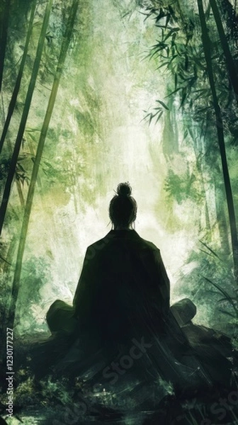 Fototapeta Person in meditative pose sitting amongst tall bamboo trees with filtered light in forest