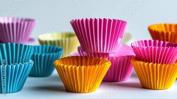 Fototapeta Colorful cupcake liners on table, baking preparation, close-up