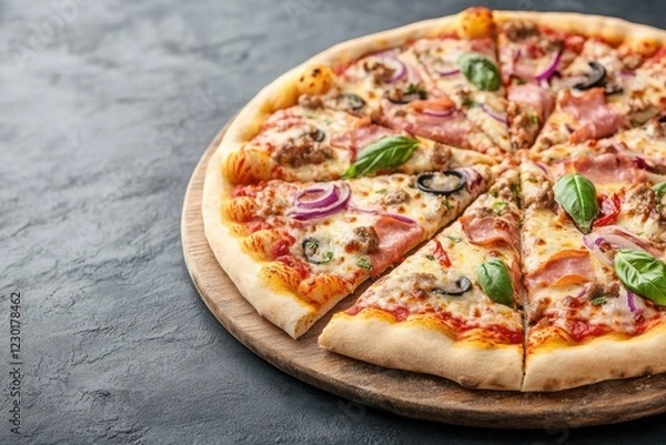 Fototapeta A delicious pizza topped with cheese, olives, onions, and fresh basil, served on a wooden board, perfect for sharing and enjoying.